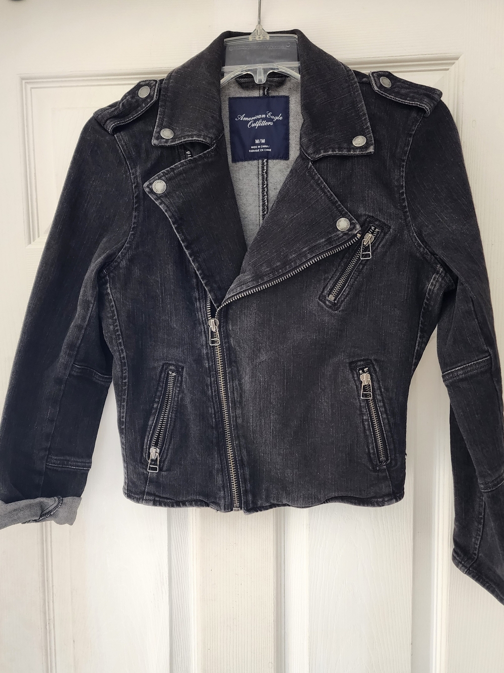 American Eagle Outfitters Black Washed Moto Jean Jacket